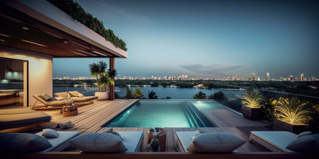 Luxurious penthouse terrace with pool, generative aiの素材