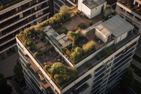 Modern residential building with garden terraces and pools, generative aiの素材