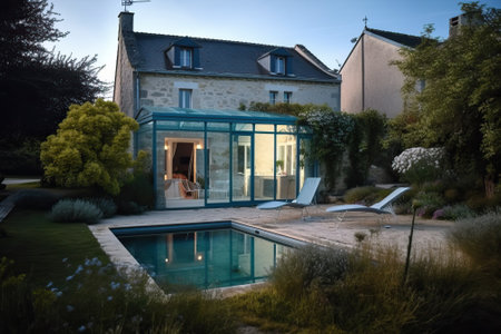 Beautiful stone house French style with veranda and pool, generative aiの素材