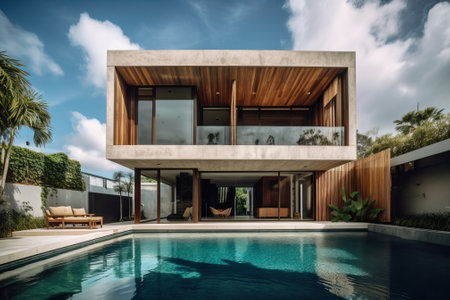 Contemporary villa with wood and concrete in a lush tropical garden, generative aiの素材