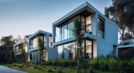 Luxurious residential development with pool, generative aiの素材