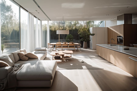 Impressive modern interior design with an open plan kitchen and cozy living room, generative aiの素材