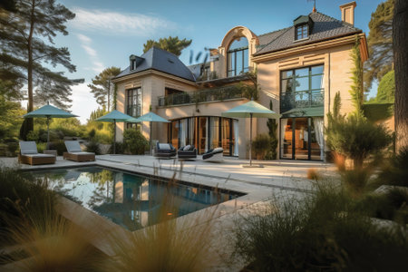 Luxury stone French mansion with veranda pool and garden, generative aiの素材