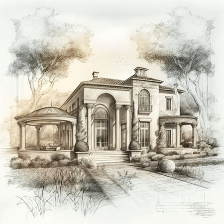 Sepia sketch of a luxury villa exterior, generative aiの素材