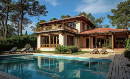 Luxury stone classic updated villa with swimming pool and garden, generative aiの素材
