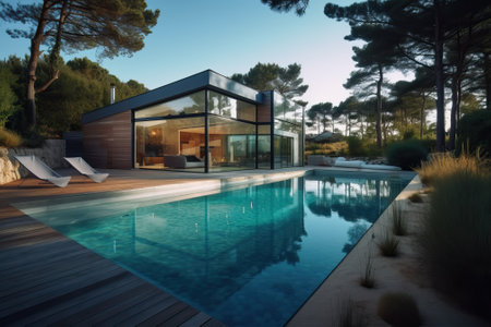 Luxury modern villa with swimming pool and garden, generative aiの素材