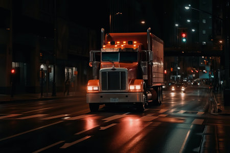 Modern futuristic truck driving through an urban motorway, generative aiの素材