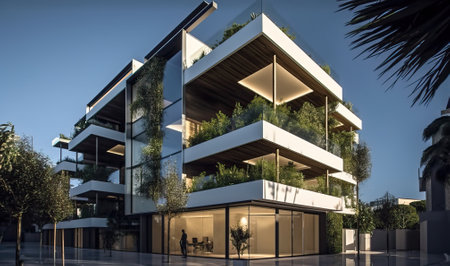 Luxury residential development with pool, generative aiの素材