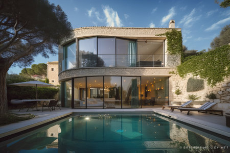 Luxury stone classic updated villa with swimming pool and garden, generative aiの素材
