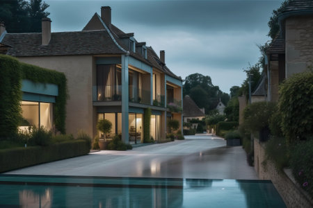 Luxury residential development with pool, generative aiの素材