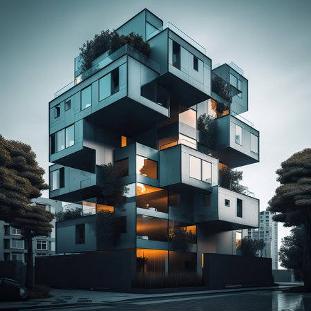Modern residential building with garden terraces, generative aiの素材