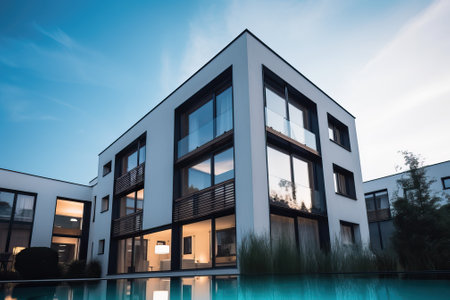 Residential building with garden and pool, generative aiの素材