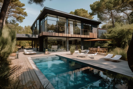 Luxury stone French mansion with veranda pool and garden, generative aiの素材