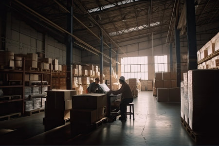 warehouse interior full of cartons with workers, generative  aiの素材