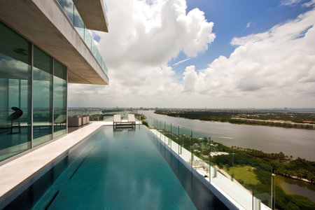 penthouse terrace with a swimming pool overlooking Miami, generative AIの素材