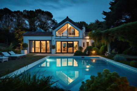 Modern impressive villa with swimming pool and garden, generative aiの素材