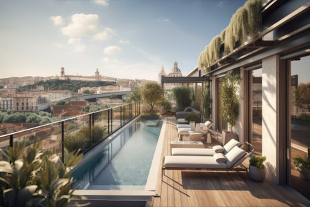 penthouse terrace with a swimming pool overlooking Rome, generative AIの素材