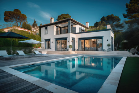 Luxury traditional French mansion with pool and garden, generative aiの素材