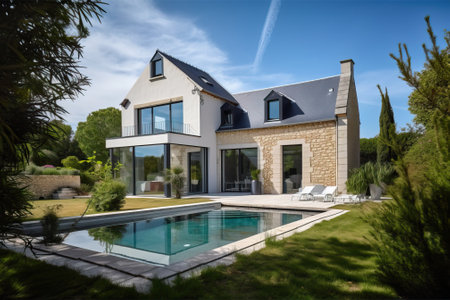 Luxury traditional French mansion with pool and garden, generative aiの素材