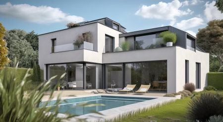 Modern grand villa with swimming pool and garden, generative aiの素材