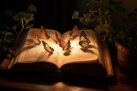Opened book with butterflies coming out of it ideal for fantasy and literature backgrounds, generative aiの素材