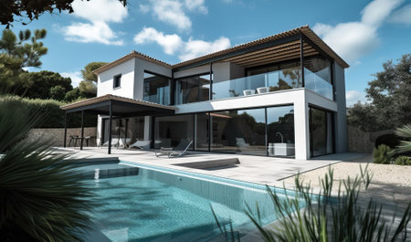 Luxury traditional French mansion with pool and garden, generative aiの素材
