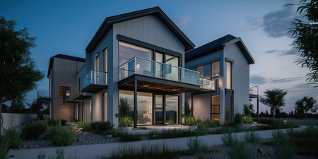 Modern impressive villa with swimming pool and garden, generative aiの素材