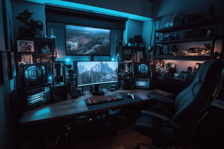 Streamer gamer desktop setup with computers headphones and camera, generative aiの素材