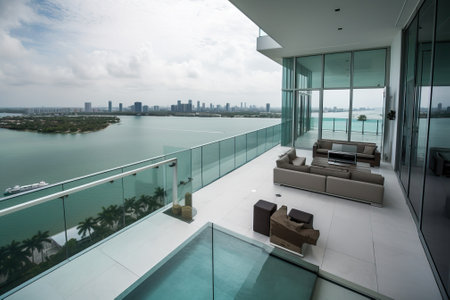 penthouse terrace with a swimming pool overlooking Miami, generative AIの素材