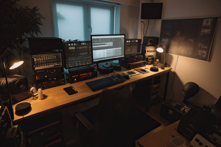 Streamer gamer desktop setup with computers headphones and camera, generative aiの素材
