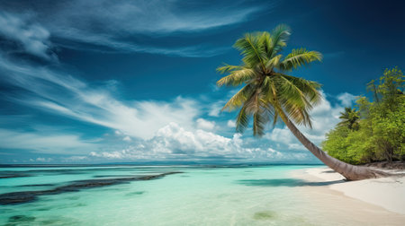 Tropical beach with palm tree white sand and turquoise water, generative  aiの素材