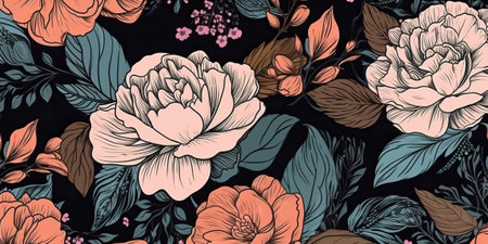 Vintage floral pattern in a black background, generative aiの素材