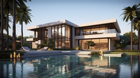 Amazing modern luxury home with garden and pool, generative aiの素材