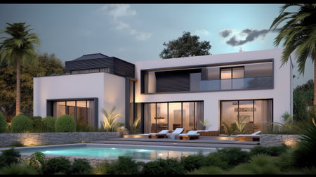 Amazing modern luxury home with garden and pool, generative aiの素材