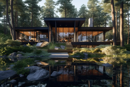 Modern house with pool in a natural environment, generative aiの素材