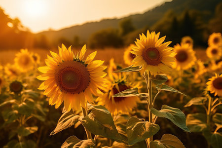 Sunflower field at golden hour ideal for summer backgrounds, generative aiの素材