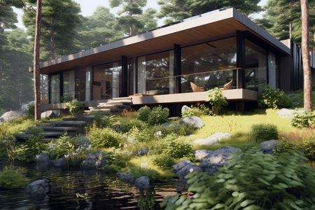 Modern house with pool in a natural environment, generative aiの素材