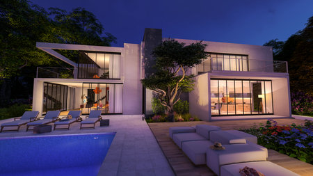 3D rendering with a contemporary cubic house with garden and a lounge area by the pool in the eveningの写真素材
