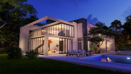 3D rendering with a contemporary cubic house with garden and a lounge area by the pool in the eveningの写真素材
