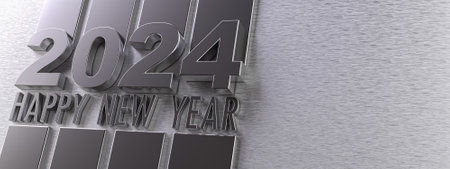 3D rendering of Happy New Year 2024 in silver metalの写真素材