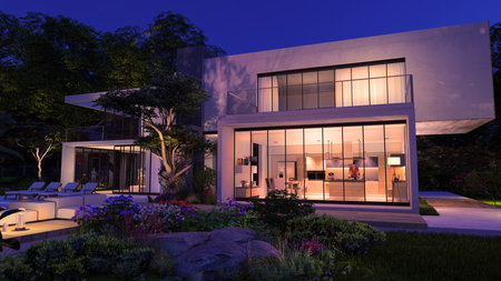 3D rendering with a contemporary cubic house with garden and a lounge area by the pool in the eveningの写真素材