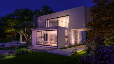 3D rendering with a contemporary cubic house with garden and a lounge area by the pool in the eveningの写真素材