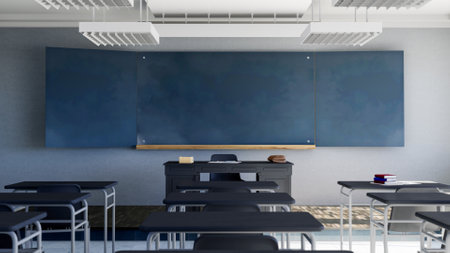 3D rendering of a classical classroom with blackboardの写真素材