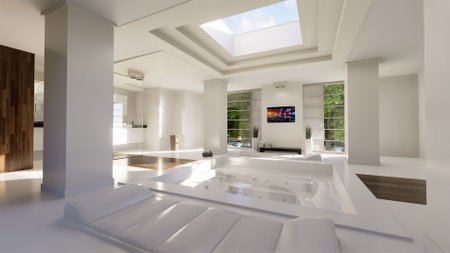 3D rendering of a luxurious bathroom with spa amenitiesの写真素材