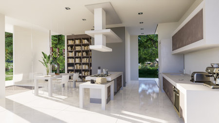 3D rendering of a modern upscale interior with open plan kitchen and libraryの写真素材