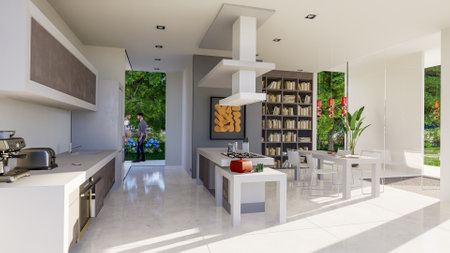 3D rendering of a modern upscale interior with open plan kitchen and libraryの写真素材