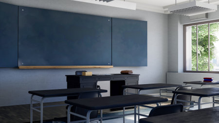 3D rendering of a classical classroom with blackboardの写真素材