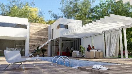 3D rendering of a House exterior with a pool and a sitting area with a pergolaの写真素材