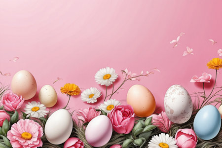 This vibrant Easter card is embellished with an abundance of fresh flowers and playful eggs.の写真素材