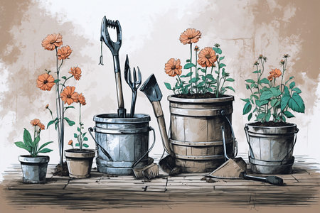 Garden accessories and flower pots to decorate the spring garden.の写真素材